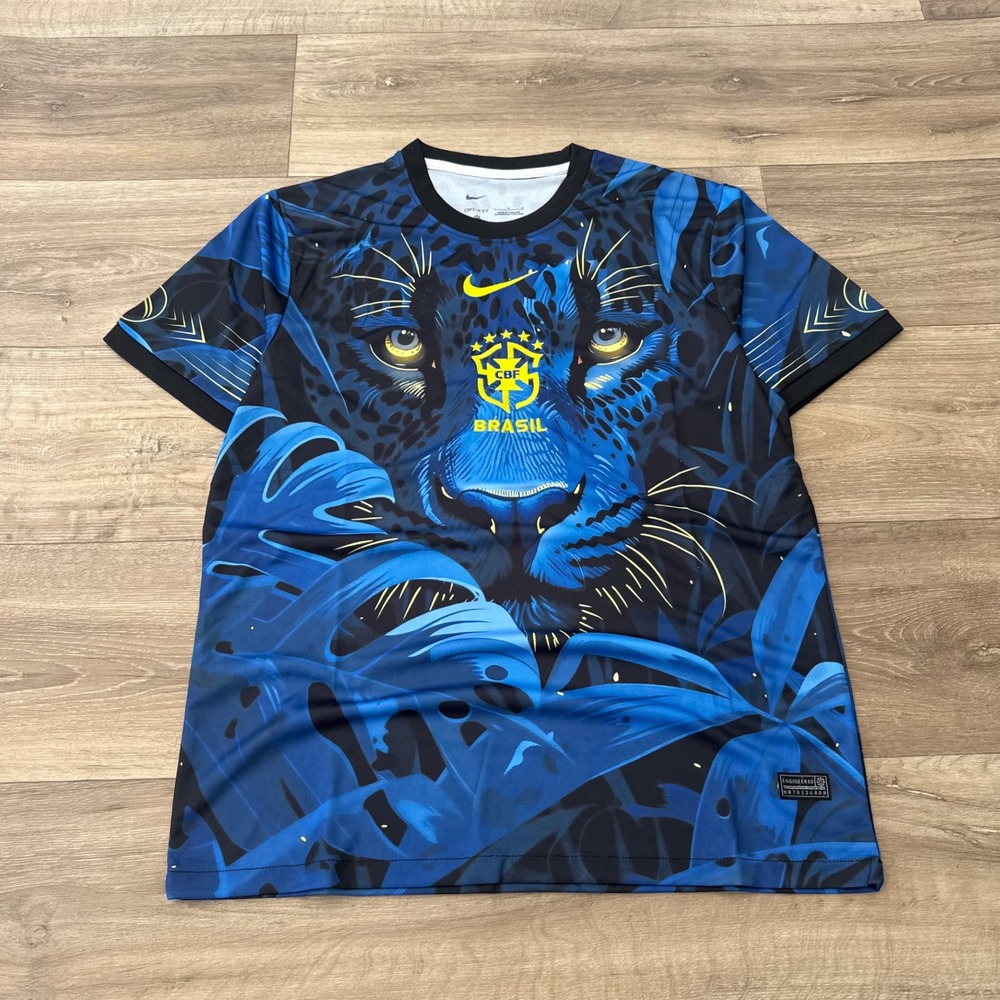 Nike Brazil CBF Pre-Match Soccer Jersey Blue Jaguar Print CD4230-496 Mens L